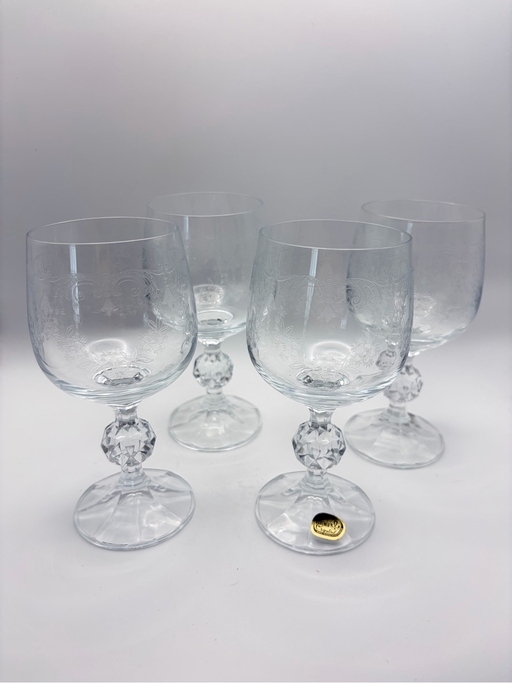 Vintage Bohemia Crystal Cascade Etched Wine Goblets Ball Stem Set of 4 Czech